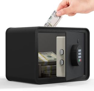 Kids Mini Safe Small Cash Box – GoldenKey Black Macaron 7”x9.4”x6.3” Money Security Safe with Coin & Bill Slot, Keypad & Key Lock, USB Backup, DIY Stickers, Piggy Bank for Home
