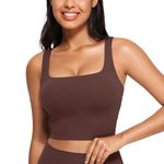 CRZ YOGA Butterluxe Womens Square Neck Longline Sports Bra - Workout Crop Tank Tops Padded with Built in Shelf Yoga Bra Taupe Small