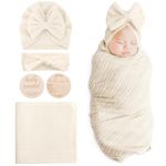 BQUBO Baby Swaddle Blankets for Girls, 4PCS Newborn Accessories Set with Matching Hat and Bow Headband with Hello World Wooden Birth Announcement Card