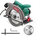 Circular Saw, 1300W HYCHIKA Electric Saw 4500RPM, High Power Motor, 24T Blade(185mm), Cutting Depth 65mm (90º), 45mm (45º), Safety Switch, Dust Extraction, for Wood/Plastic Cutting