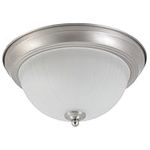 Britalia Satin Chrome & Opal Frosted Ribbed Glass Bathroom Vintage Round Flush Ceiling Light | 29cm Diameter | 2 x SES E14 Lamps Required | IP44 Rated | Low Profile Height of 15cm | American Diner