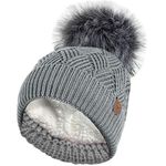 RockJock Ladies Warm Chunky Diamond Cable Knit Hat with Thermal Teddy Fleece Lining and Detachable Faux Fur Pompom-Grey