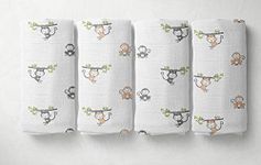 Bacati Set of 4 Happy Monkeys Muslin Swaddling Blankets, Beige/Grey