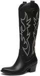 Athlefit Cowboy Boots For Women Knee High Pointed Toe Western Cowgirl Boots Chunky Heel Embroidery Fashion Fall Boots for Ladies, 02black, 8