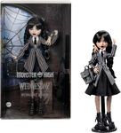 Monster High Wednesday Doll and Accessories, Wednesday Addams Collectible in Nevermore Academy Uniform with Thing and Backpack, Doll Stand, HXJ04