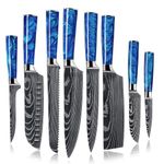 SENKEN 8-Piece Japanese Knife Set with Blue Resin Handle and Laser Damascus Pattern - Cerulean Collection - Chef's Knife, Santoku Knife, Bread Knife, Paring Knife, & More, Extremely Sharp Blades