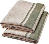 LINENVIBE Pure Linen Kitchen Tea Towels - 100% Flax Linen Dish Towels 17 x 27 inch with Olive Green French Country Stripes - Flax Hand Towels - Set of 2