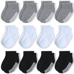 JAKIDAR 12 Pairs Baby Socks Non-Slip Toddler Socks With Grips for Baby Boys Girls - Ankle Low Cut Cotton Socks for Babe and Kids, Black Gary 12-24M