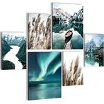 Novart Canvas Wall Art - 6 piece Rustic Nature Panoramic Mountain Lake Collage Picture, Blue Wall Decor for Living Room, Bedroom, Home Office, Hallway and Stairs