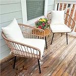 YITAHOME 3 Pieces Outdoor Wicker Patio Conversation Bistro Set, All-Weather Rattan Patio Furniture Set with Table & Cushions, Outdoor Sectional Sofa for Patio, Balcony, Backyard, Deck