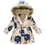 amropi Girls Winter Coat Floral Hooded Jacket with Faux Fur Warm Parka Padded Overcoat 6-7 Years, Beige Flower