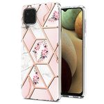 Pink Marble Floral Case for A12/M12/F12 Girly Geometric Flower Rugged Stylish Cellphone Cover Sleek Clear Hard PC Back Anti-Scratch Bumper Protector Case for Women