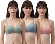 SPUNN Women's Cotton Blend Light Padded Wirefree T-Shirt Bra Combo (30, Blue::Pink::Green)