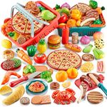 Comirth Play Food Sets for Kids Kitchen-80PC Pretend Food with 2 Kids Picnic Basket, Toy Food with Pizza Toy, Plastic Food Cutting Toys, Play Kitchen Accessories - Fake Food, Boys Girls Toddlers Gifts