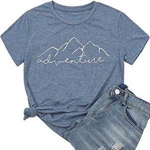 Mountain Hiking Traveling Women Summer Adventure Funny Letter Print T-Shirt Gift for Mothers Day Loose Cute Tops,Ink Blue M