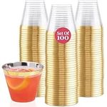 100 Gold Plastic Cups | 9 oz | Hard Disposable Cups | Plastic Wine Cups | Plastic Cocktail Glasses | Plastic Drinking Cups | Bulk Party Cups | Wedding Tumblers | Clear Plastic Cups with Gold Rim