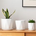 Octagon Ceramic Plant Pots - Indoor White Flower Planter Set with Drainage Holes, 6.7/5.5/4.7 Inch, Modern Decorative Planter Outdoor for Succulents Snakes and Herb