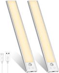 2 Pack Under Cabinet Lights, 52 LED Warm White Rechargeable Under Cabinet Lighting Motion Sensor LED Lights for Kitchen, Counter, Closet, Stairs (Silver - Warm White Light, 12.2 Inch - 2 Pack)