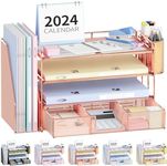 OPNICE Desk Organizers and Accessories, Organizer with Drawer, 4-Tier Paper Tray 2 Pen Holders + File Holder, Office Accessories for Supplies(Rose Gold) (OP-4T-2-Rose-)