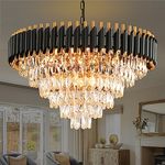 Modern Crystal Chandeliers for Dining Room 6 Tiers Black and Gold Chandelier Living Room Round 15-Light Contemporary K9 Raindrop Ceiling Hanging Pendant Light Fixture for Entryway Foyer Staircase W29”