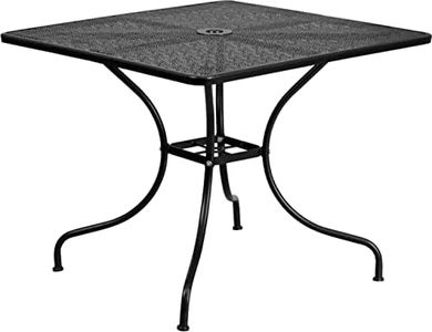 Flash Furniture Oia Commercial Grade 35.5 ", tavolo quadrato in acciaio per interni ed esterni, nero, con foro per ombrello