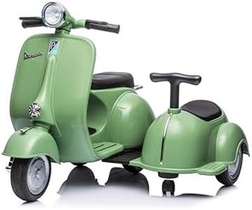 Kids Ride-On Motorcycle with Side Car, 6V Electric Retro 4-Wheel Scooter for Boys and Girls, Licensed Vespa Two-Seat Riding On Car Toy with Music and Storage Bin，Xmas/Birthday Gift for Child