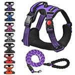 Juqiboom No Pull Dog Harness, Adjustable Soft Padded Dog Vest, Reflective No-Choke Pet Oxford Vest with Easy Control Handle for Small and Large Dogs (Purple, Medium)