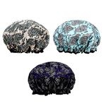 KissDate 3 Packs Double Layer Satin Shower Cap, Waterproof Reusable Elastic Bath Cap for Women Long Hair Shower Spa Salon Accessories