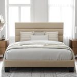 Allewie Queen Size Platform Bed Frame with Fabric Upholstered Headboard and Wooden Slats Support, Fully Upholstered Mattress Foundation/No Box Spring Needed/Easy Assembly, Beige