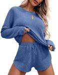 Ekouaer Womens Waffle Knit Pajama Sets Long Sleeve Top and Shorts Matching Lounge Set Sleepwear Loungewear Sweatsuit with Pockets Blue Medium