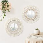 LOMOHOO 2pcs Hanging Wall Mirror with Macrame Fringe Set Round Boho Antique Weave Mirrors Art Decor for Apartment Living Room Bedroom Baby Nursery