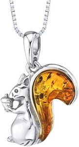 PEORA Genuine Baltic Amber Squirrel Pendant Necklace Sterling Silver, Rich Cognac Color, 100% Natural from Baltic Region, Real Baltic Amber Necklace for Adults