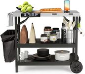 GOFLAME 3-Shelf Outdoor Grill Dining Cart, Movable Food Prep Cart Table with Adjustable Shelf, Stainless Steel Top, Kitchen Island on 2 Wheels, Heavy Duty BBQ Flattop Worktable Black, Silver