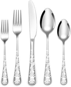 Skull Pattern Silverware Set for 8,OIULO 40-Piece Pirate Pirate Rose Flatware set,Skeleton Flower Bat Butterfly Unique Design,Mirror Polished Gothic tableware Knive Fork Spoon Halloween Party Gift