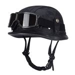 German Leather Motorcycle Half Helmet Skull Cap Retro Jet Helmet With Goggles Motorbike Crash Safety Helmet For Adult Men Women ECE Certified Open Face Helmet 3,M:57-58CM