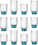 Bormioli Rocco 12pc Blue Florian Glassware Set - Mixed Glass Highball Cocktail Gin Glasses and Water Whiskey Drinking Tumblers