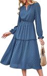 JASAMBAC Women's Casual Dresses Tiered Maxi Ruffle Long Sleeve V Neck Swiss Dot Dresses High Waisted A-Line Blue Boho Dresses XL