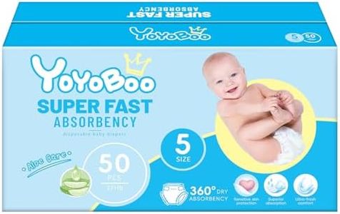YOYOBOO Disposable Baby Diapers, Hypoallergenic, Superior Absorbency and Softness for Baby Happy Moments Size 5, 50 Count