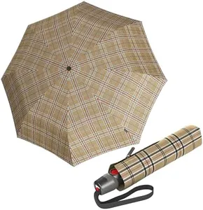 Knirps T.200 Medium Duomatic Automatic Open Close Rain Umbrella - Compact Windproof Umbrella for Rain - Travel Umbrella for Adults - 98cm Diameter Retractable Umbrella & Carrying Case, Check Biege