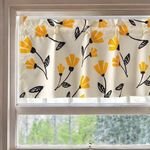 DaDa Bedding Botanical Yellow Fleur Floral Window Curtain - Semi Sheer Valance Spring Country Farmhouse Pale Ivory Background - Golden Orange Straight Tailored Edge Kitchen Decor - 18" x 52"