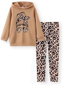 PATPAT Girls Pant Sets 2 Piece Fall Outfits Long Sleeve Clothing Sets Brown Hoodie Sweatshirt and Colorful Leopard Leggings Size 9-10T