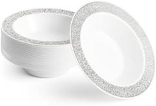 MATANA 20 pc Premium Plastic Party Bowls with Silver Lace Rim (7" Inch/ 12oz) Heat Resistant, Heavy Duty, Reusable Plastic Soup Bowls Dessert Bowls for Parties, Wedding, Thanksgiving, Picnics