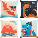 Juvale 4 Pack Dinosaur Decorative Kids Throw Pillow Cover, 4 Dinosaur Designs, T-Rex Themed, Pterodactyl, Triceratops, Brachiosaurus (18 x 18 in)