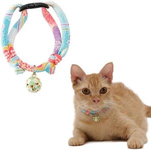 Necoichi Chirimen Cat Collar with Clover Bell (Baby Blue) with Bell Safety Breakaway Soft Lightweight for Cats Kitty Kitten Japanese Stylish Pattern, No.1 Seller in Japan