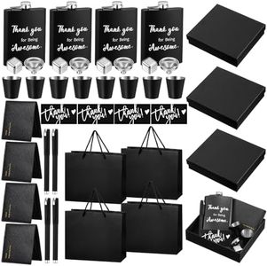 28 Pcs Thank You Gift Baskets for Men Christmas Employee Appreciation Gifts Set 4 Flask 4 Wallet 4 Pen 4 Ice Cubes 4 Cards 4 Gift Boxes and 4 Gift Bags for Groomsmen Coworker Teacher