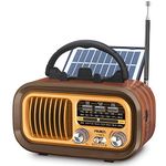 PRUNUS J-150 Portable Radio Retro, AM/FM/SW Small Radio Bluetooth, Battery Radio Powered by 1200mAh Rechargeable or D-Cell Batteries, with Solar Panel, Solar radio Supports USB/TF Card Function