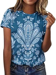 of Today Summer Tops for Women 2025 Casual T-Shirts Shirts Graphic Tee Short Sleeve Tops Floral Print Loose Summer Tops Blue XX-Large