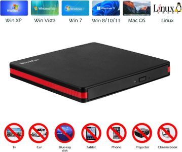 Rioddas External CD DVD Drive – USB Portable Optical Disc Reader