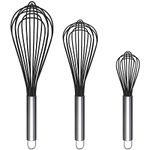 TEEVEA Silicone Whisk, Heat Resistant Stainless Steel Wire Whisk Set of 3, Kitchen Cooking Whisks No Scratch, Non-stick Cookware Balloon Egg Beater for Blending, Whisking, Frothing & Stirring, Black