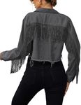 Zeagoo Women Denim Jacket Casual Long Sleeve Distressed Ripped Cropped Coat Fringe Jean Jacket Dark Grey XXL